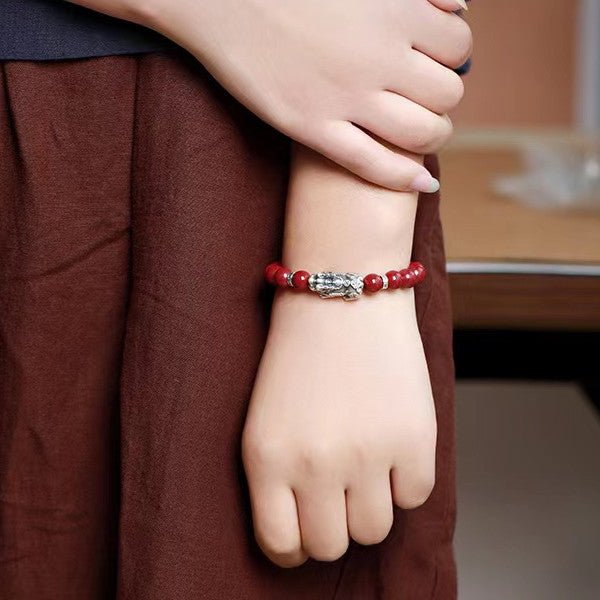 925 Silver Pixiu Bracelet-Natural Cinnabar Bead - FengshuiGallary