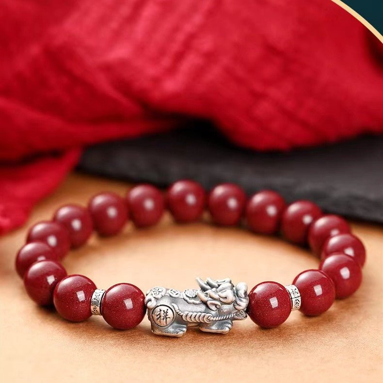 925 Silver Pixiu Bracelet-Natural Cinnabar Bead - FengshuiGallary