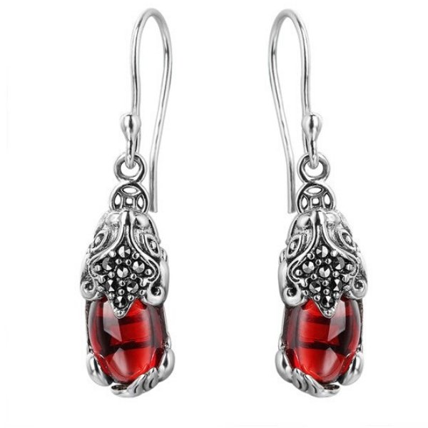 925 Silver Red Garnet Pixiu Lucky Ear Ring - FengshuiGallary
