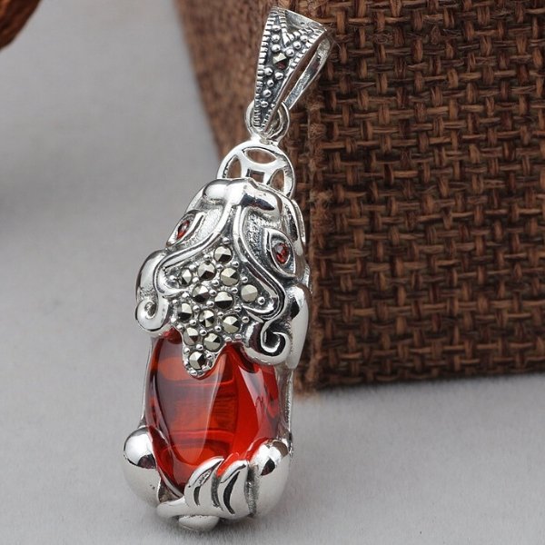 925 Silver Red Garnet Pixiu Lucky Ear Ring - FengshuiGallary