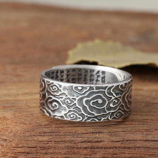 Auspicious Clouds Heart Sutra Lucky Silver Ring - FengshuiGallary