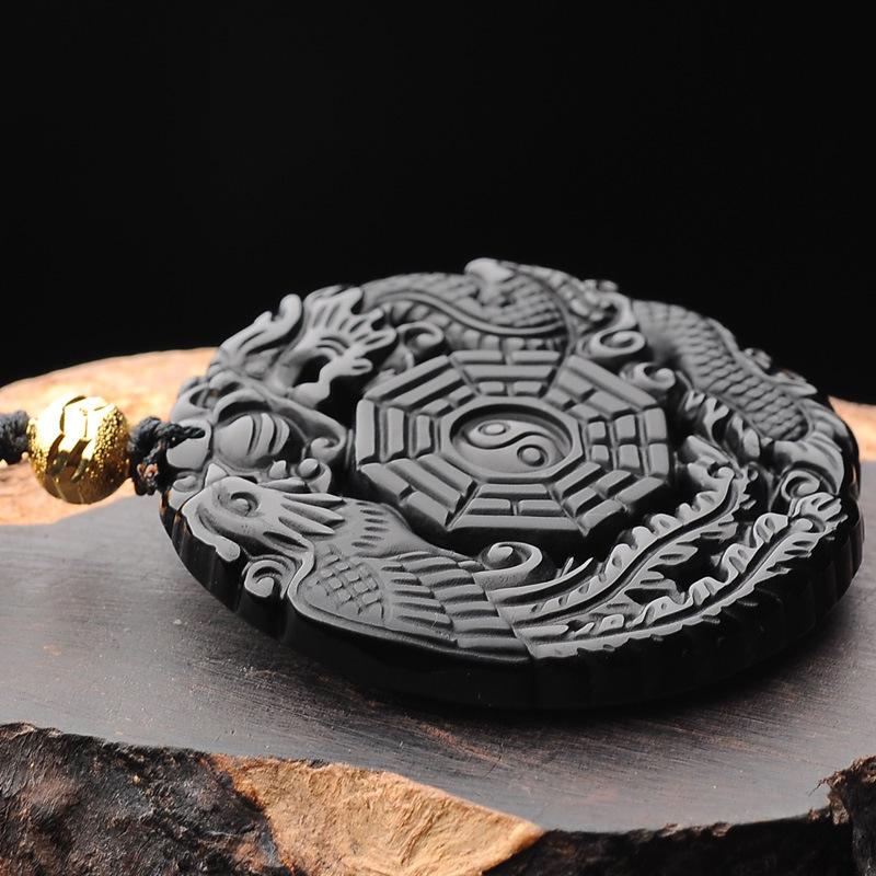 Auspicious Dragon & Phoenix Black Obsidian Pendant Necklace - FengshuiGallary