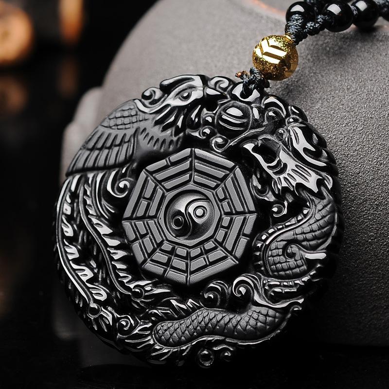 Auspicious Dragon & Phoenix Black Obsidian Pendant Necklace - FengshuiGallary