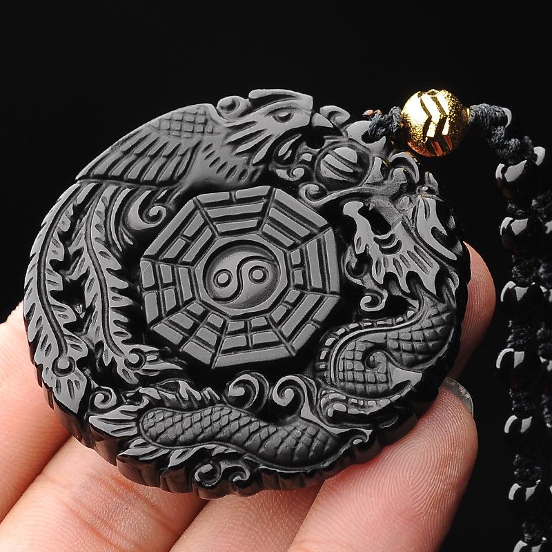 Auspicious Dragon & Phoenix Black Obsidian Pendant Necklace - FengshuiGallary