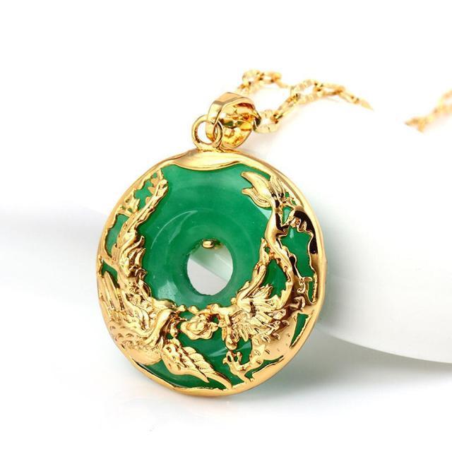 Auspicious Dragon & Phoenix Jade Gold Necklace - FengshuiGallary