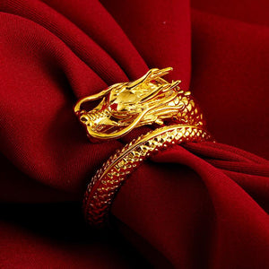 Auspicious Dragon & Phoenix Jade Gold Ring - FengshuiGallary