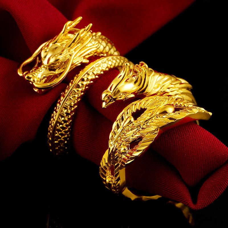 Auspicious Dragon & Phoenix Jade Gold Ring - FengshuiGallary