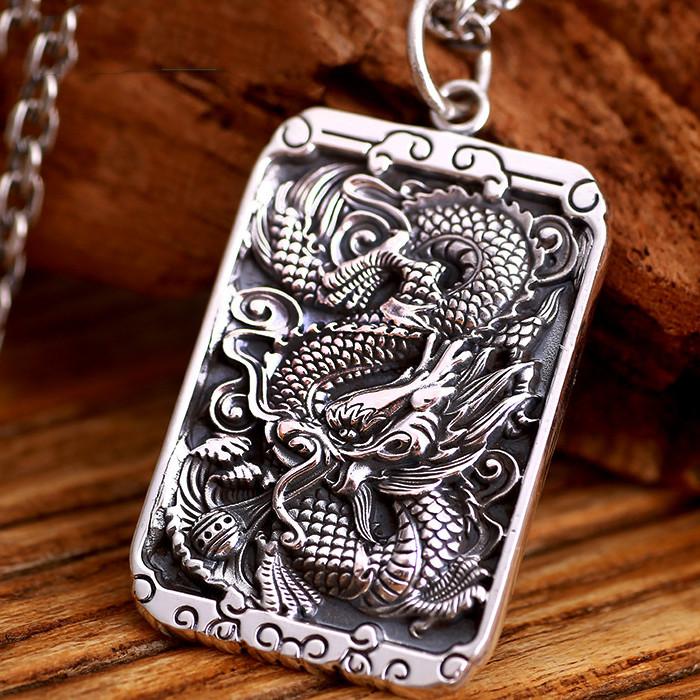 Auspicious Dragon Vintage Silver Pendant - FengshuiGallary
