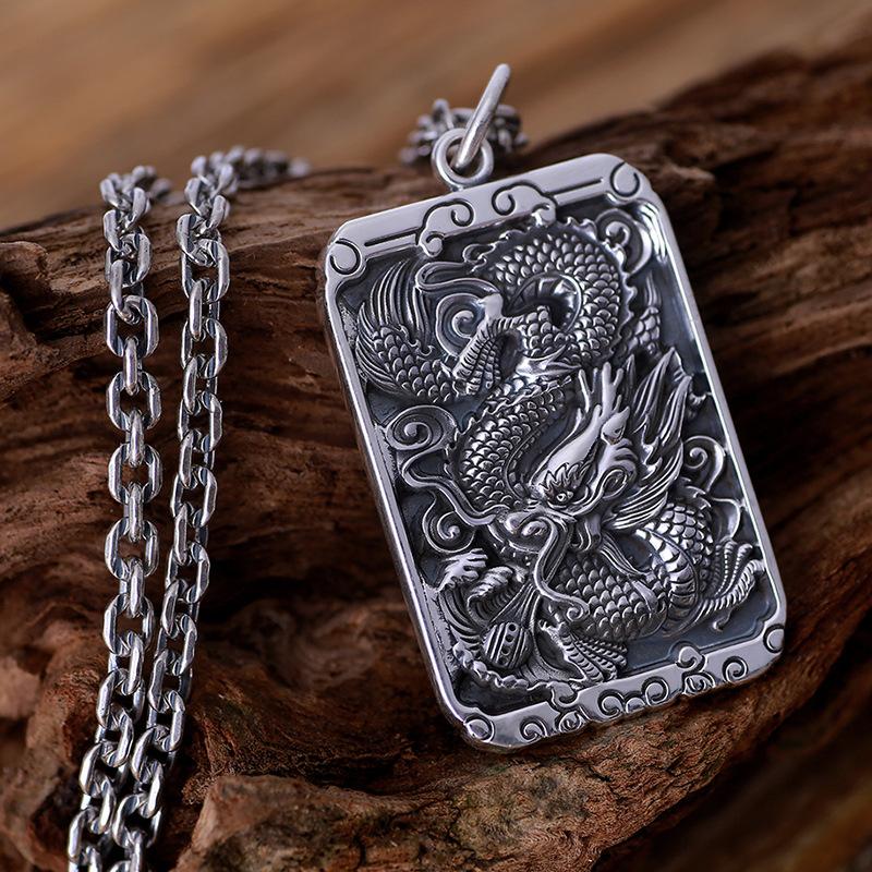 Auspicious Dragon Vintage Silver Pendant - FengshuiGallary