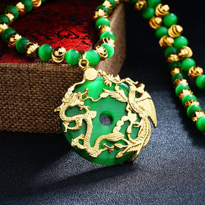Auspicious Gold Dragon & Phoenix Cat`s Eye Pendant Necklace - FengshuiGallary