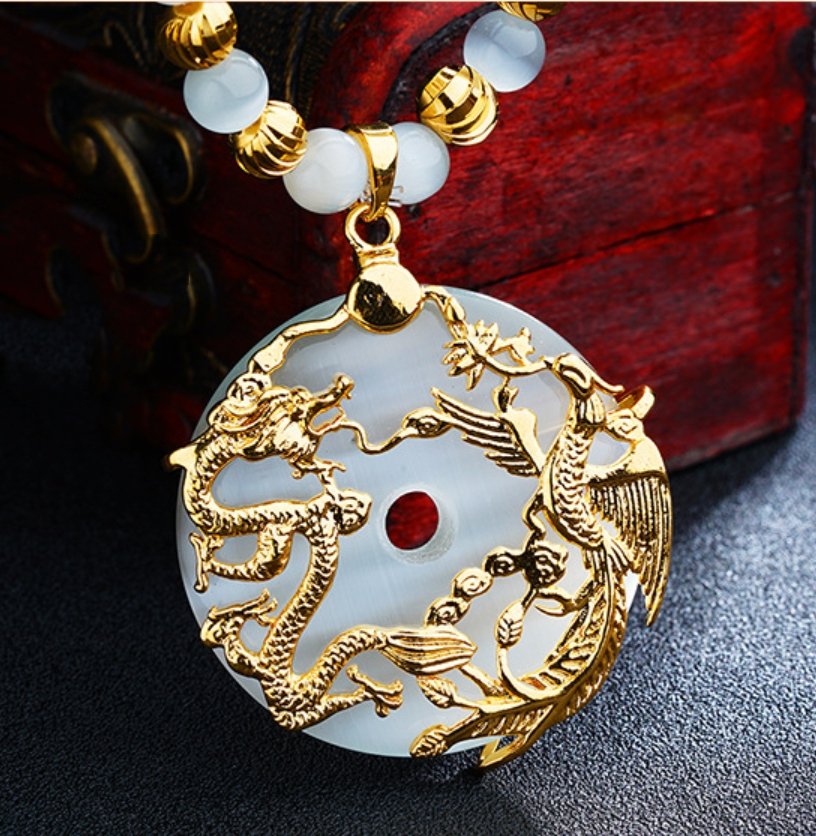 Auspicious Gold Dragon & Phoenix Cat`s Eye Pendant Necklace - FengshuiGallary