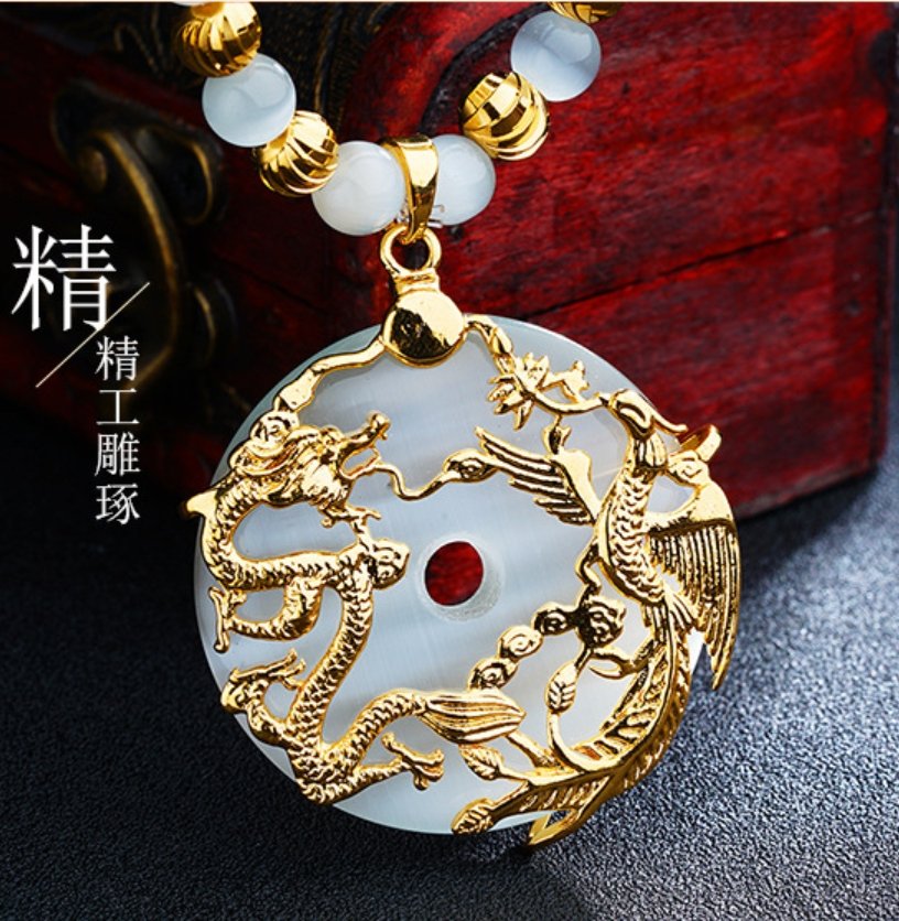 Auspicious Gold Dragon & Phoenix Cat`s Eye Pendant Necklace