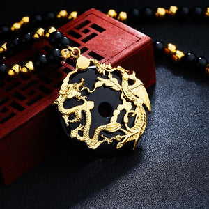 Auspicious Gold Dragon & Phoenix Cat`s Eye Pendant Necklace - FengshuiGallary