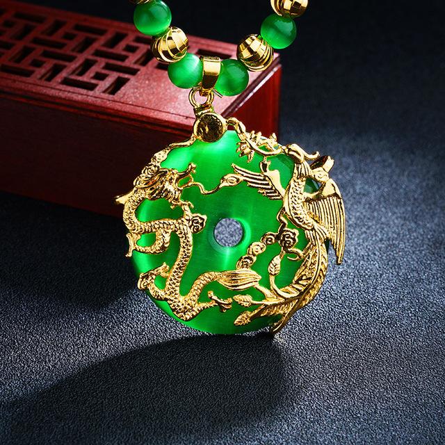 Auspicious Gold Dragon & Phoenix Cat`s Eye Pendant Necklace - FengshuiGallary