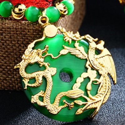 Auspicious Gold Dragon & Phoenix Cat`s Eye Pendant Necklace - FengshuiGallary