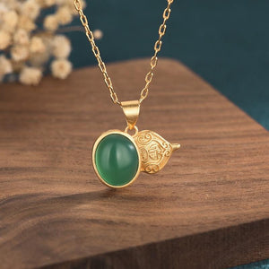 Auspicious Green Jade Calabash Gold Pendant Necklace - FengshuiGallary