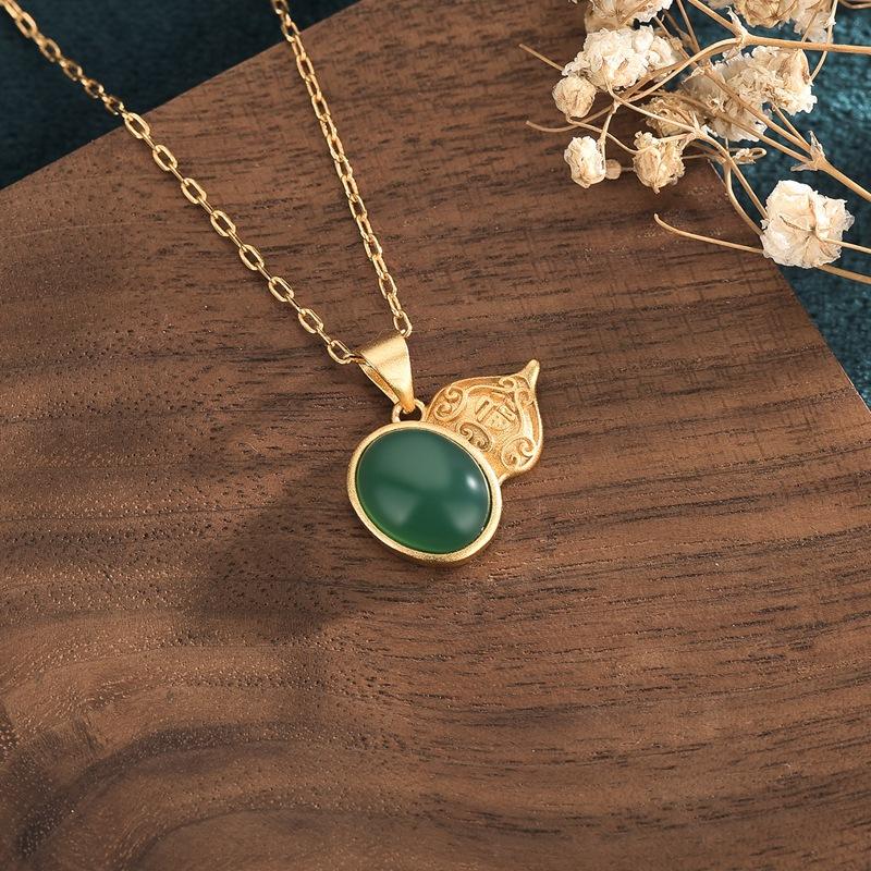 Auspicious Green Jade Calabash Gold Pendant Necklace - FengshuiGallary