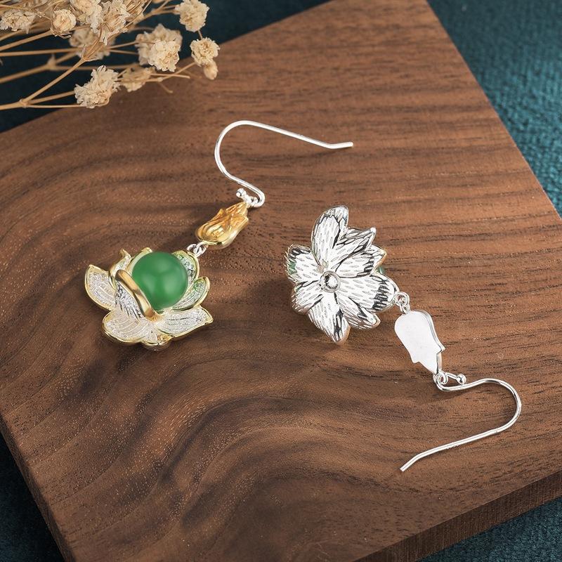 Auspicious Lotus Green Jade Lucky Silver Earring - FengshuiGallary