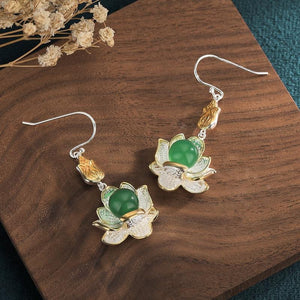 Auspicious Lotus Green Jade Lucky Silver Earring - FengshuiGallary