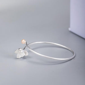 Auspicious Lotus Pearl In 925 Silver Lucky Bangle - FengshuiGallary