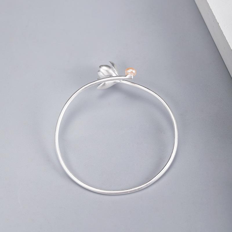 Auspicious Lotus Pearl In 925 Silver Lucky Bangle - FengshuiGallary