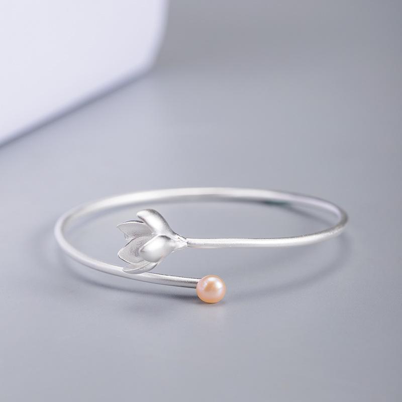 Auspicious Lotus Pearl In 925 Silver Lucky Bangle - FengshuiGallary