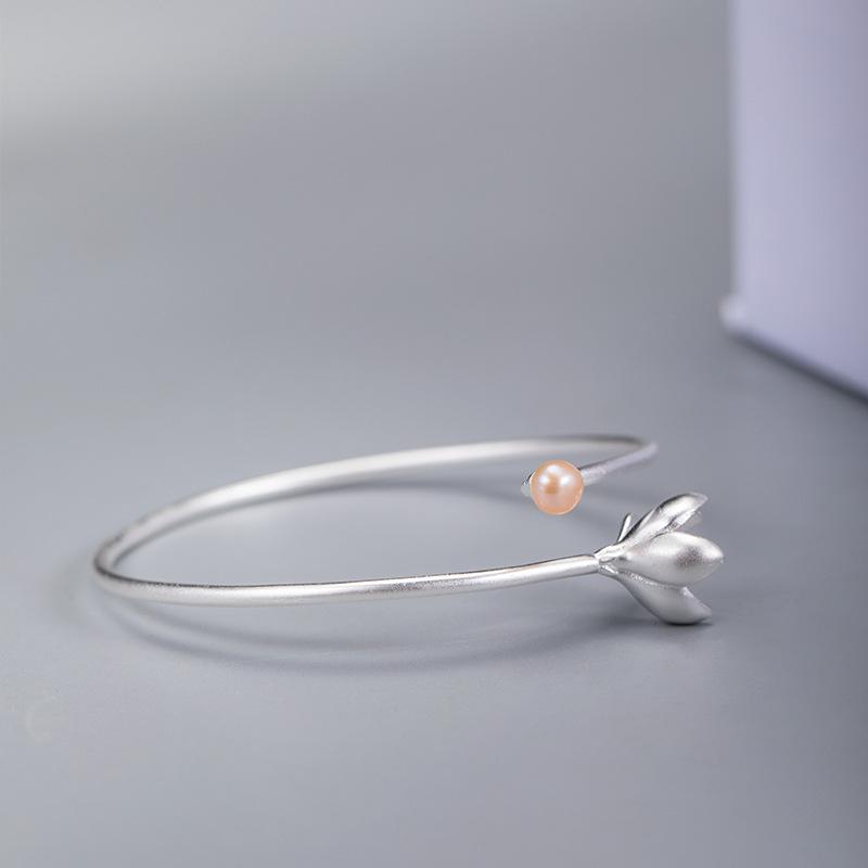 Auspicious Lotus Pearl In 925 Silver Lucky Bangle - FengshuiGallary