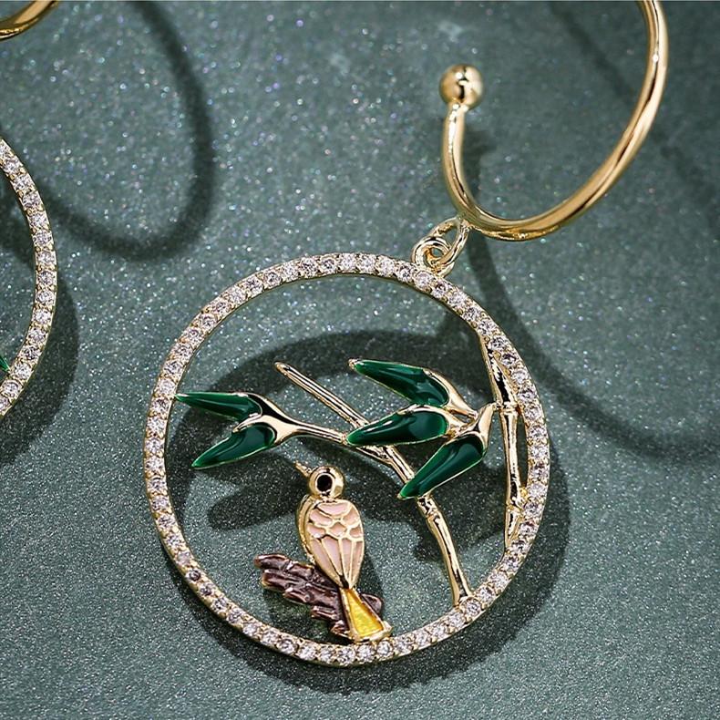 Auspicious Magpie Enamel Bamboo Zirconia Crystal Stud Earrings - FengshuiGallary