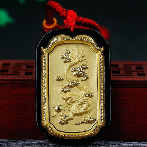 Auspicious Natural Black Jade Dragon& Phoenix 24K Gold Pendant Necklace - FengshuiGallary