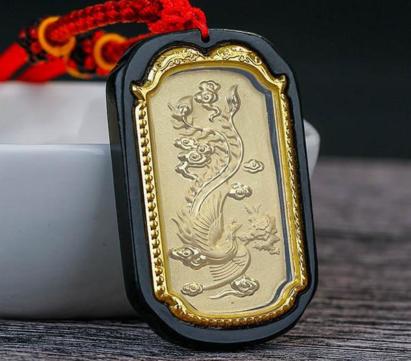 Auspicious Natural Black Jade Dragon& Phoenix 24K Gold Pendant Necklace - FengshuiGallary