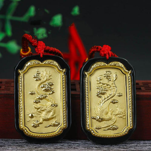 Auspicious Natural Black Jade Dragon& Phoenix 24K Gold Pendant Necklace - FengshuiGallary