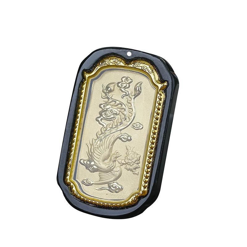 Auspicious Natural Black Jade Dragon& Phoenix 24K Gold Pendant Necklace - FengshuiGallary