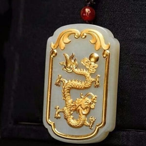 Auspicious Natural White Jade Dargon& Phoenix 24K Gold Pendant Necklace - FengshuiGallary