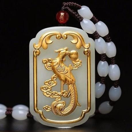 Auspicious Natural White Jade Dargon& Phoenix 24K Gold Pendant Necklace - FengshuiGallary