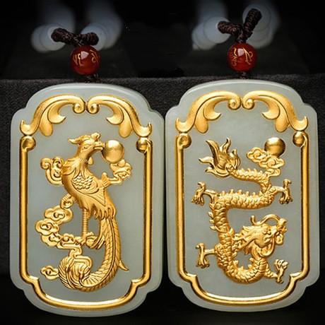 Auspicious Natural White Jade Dargon& Phoenix 24K Gold Pendant Necklace - FengshuiGallary