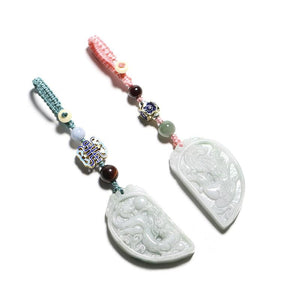 Auspicious Natural White Jade Dragon& Phoenix Auto Key Pendant - FengshuiGallary