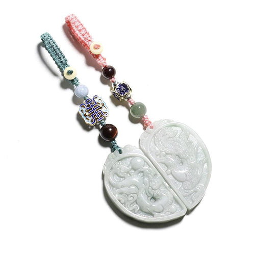 Auspicious Natural White Jade Dragon& Phoenix Auto Key Pendant - FengshuiGallary