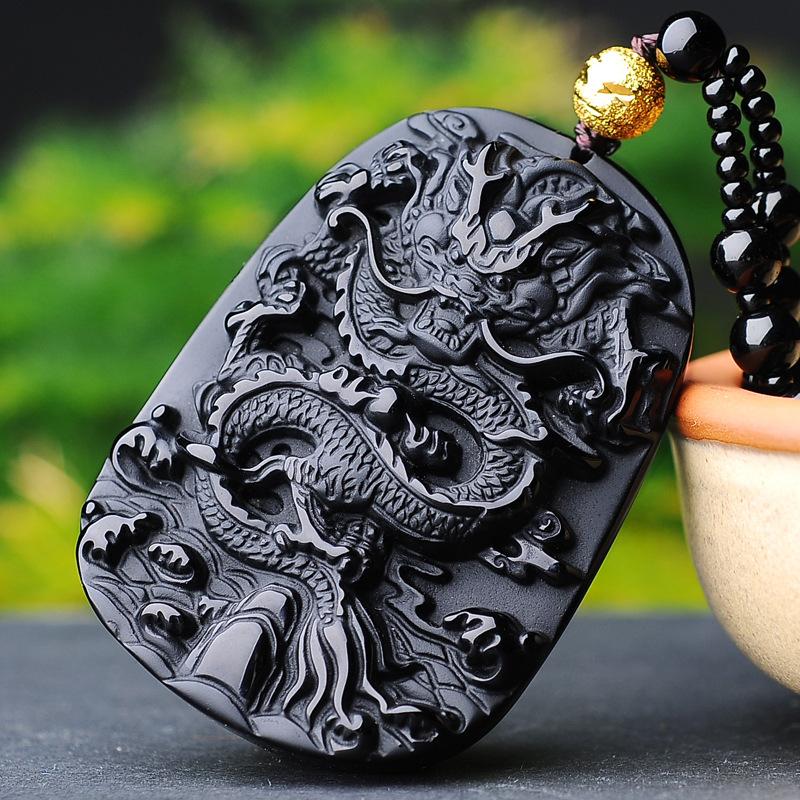 Black Obsidian Dragon Wealth Pendant Bead Necklace - FengshuiGallary