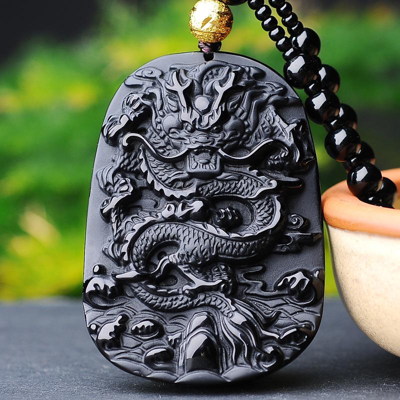 Black Obsidian Dragon Wealth Pendant Bead Necklace - FengshuiGallary