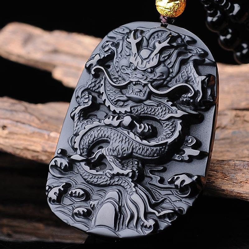 Black Obsidian Dragon Wealth Pendant Bead Necklace - FengshuiGallary