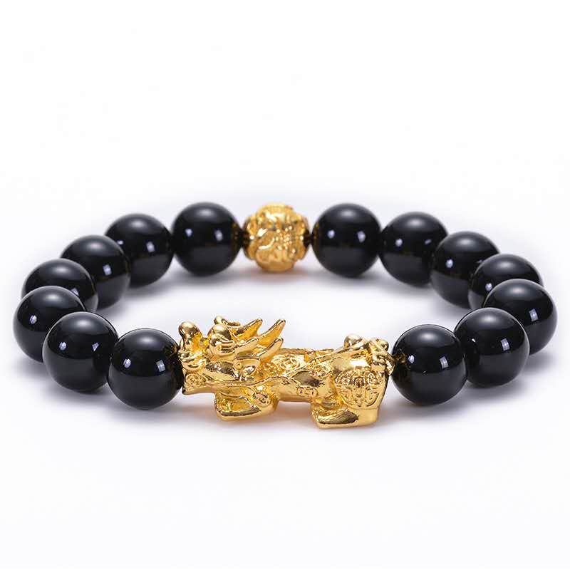 Black Obsidian Mantra Gold Bead Pixiu Wealth Bracelet - FengshuiGallary