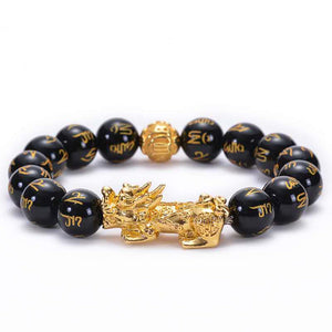 Black Obsidian Mantra Gold Bead Pixiu Wealth Bracelet - FengshuiGallary