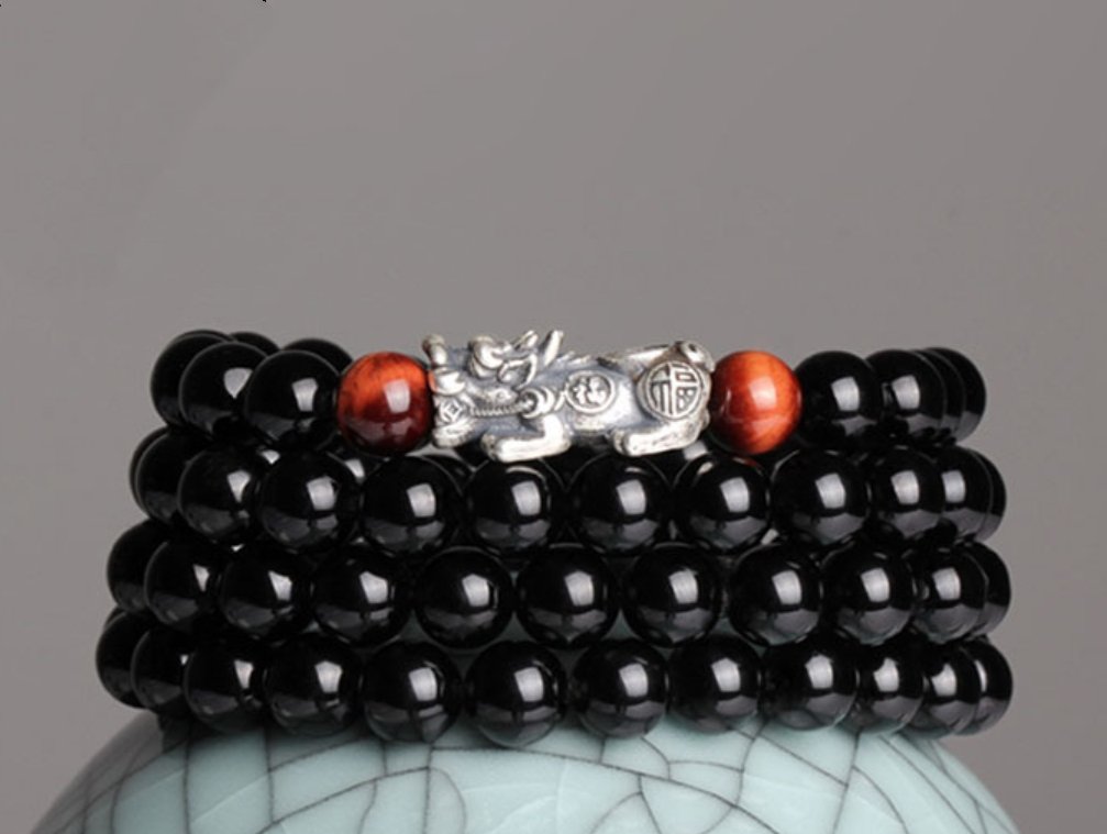 Black Obsidian Silver Pixiu Healing Bracelet - FengshuiGallary