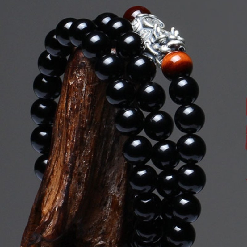 Black Obsidian Silver Pixiu Healing Bracelet - FengshuiGallary