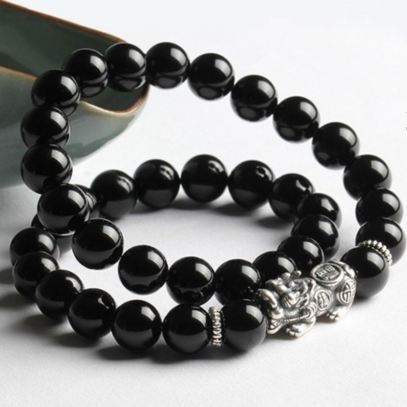 Black Obsidian Silver Pixiu Healing Bracelet - FengshuiGallary