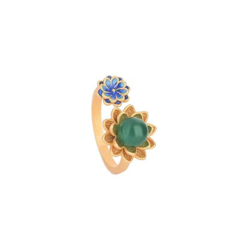 Blue Enamel Green Jade Ring - FengshuiGallary