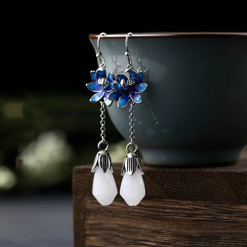 Blue Enmale Lotus Flower Earrings - FengshuiGallary