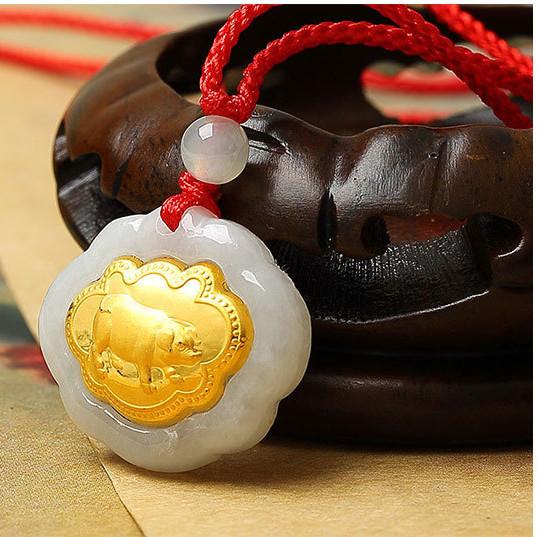 BOAR Gold 12 Chinese Zodiac Lucky Amulet White Jade Pendant Necklace - FengshuiGallary
