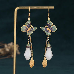 Butterfly White Jade Earrings-Green Enamel - FengshuiGallary