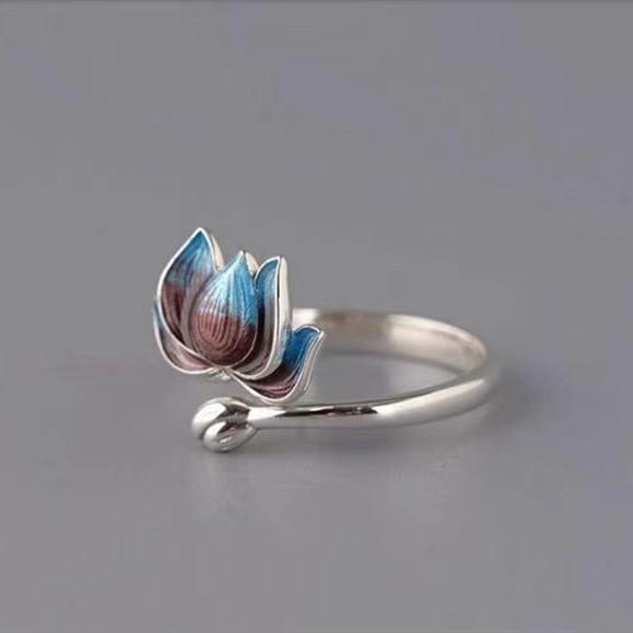 Cloisonne Lotus Flower Silver Ring - FengshuiGallary